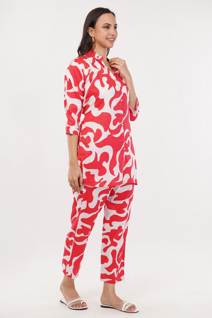 red and white launge wear set cotton