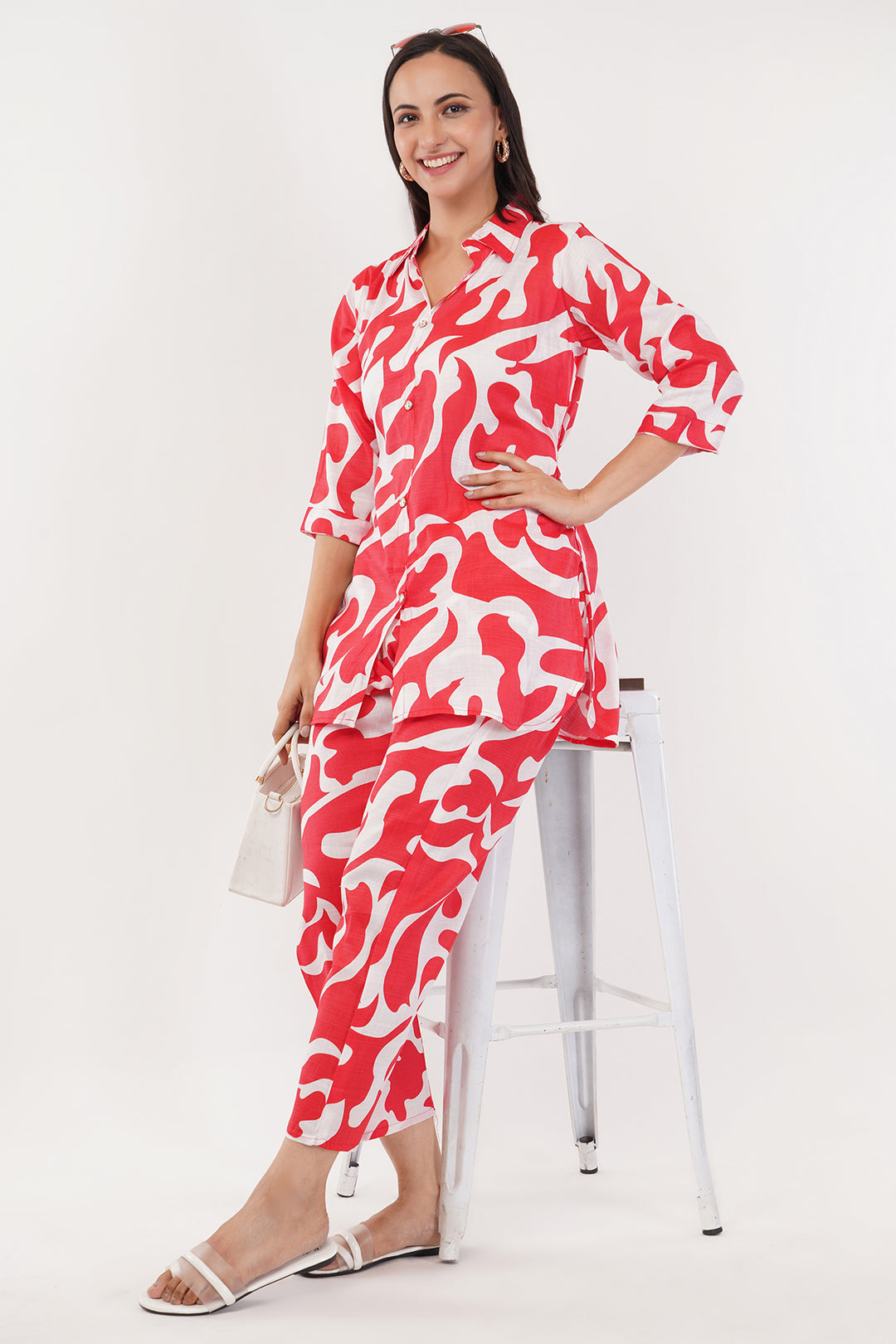 red and white launge wear set cotton