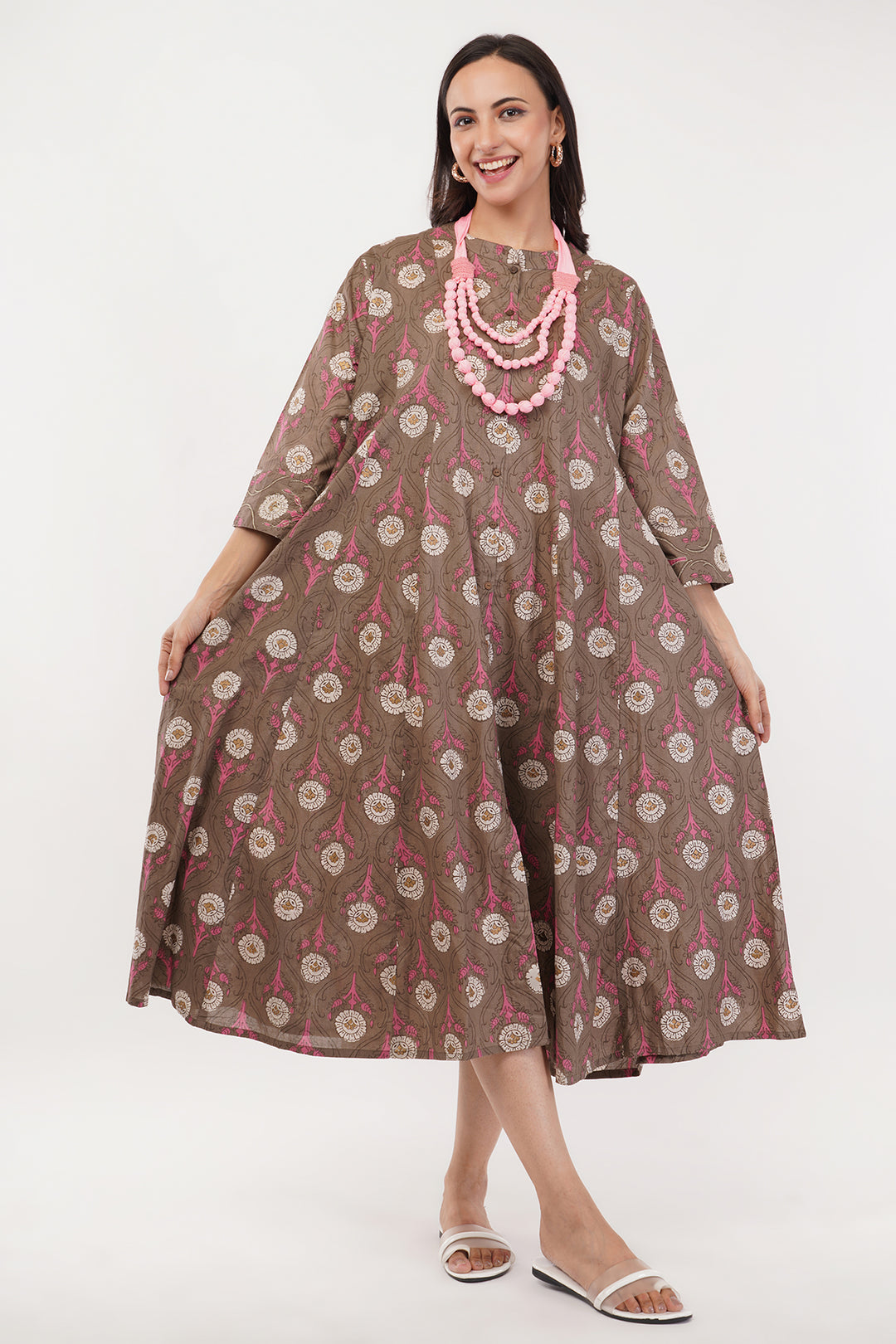 brown free size short dress with pink neck piece