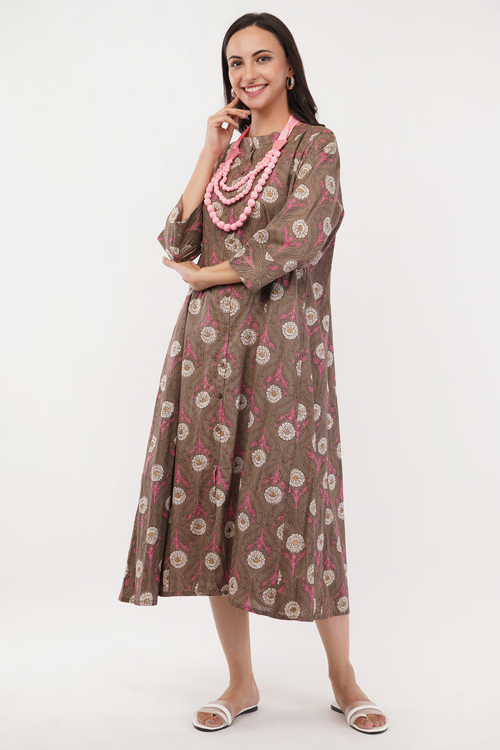 brown free size short dress with pink neck piece