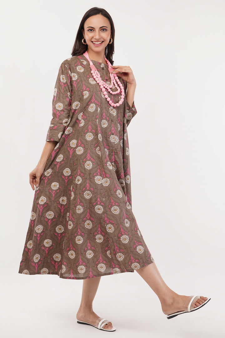 brown free size short dress with pink neck piece