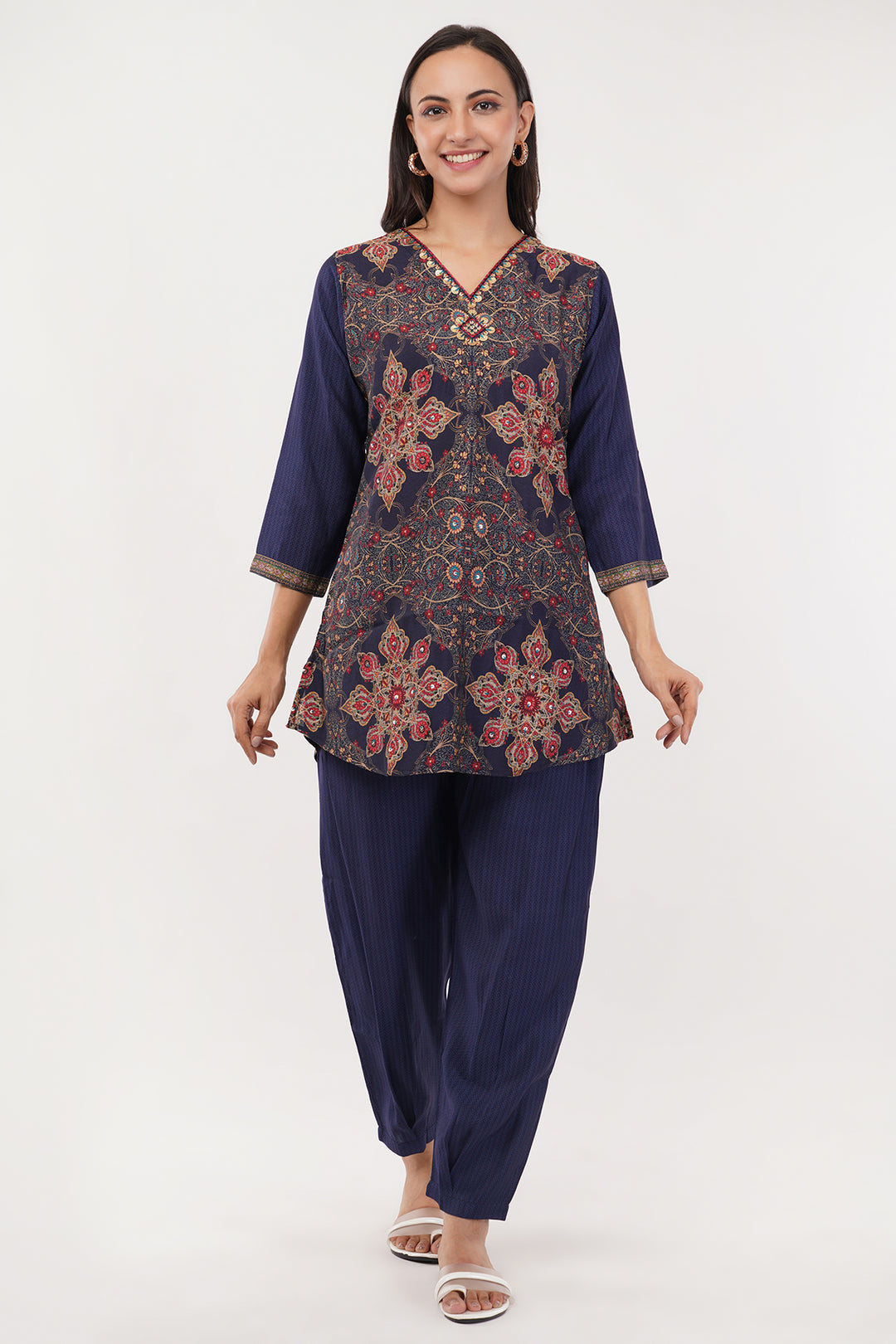 Rayon crepe navy blue and red designer print cord set