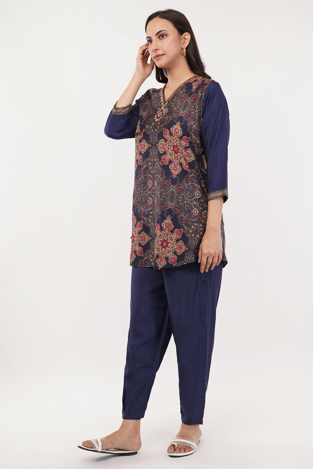 Rayon crepe navy blue and red designer print cord set