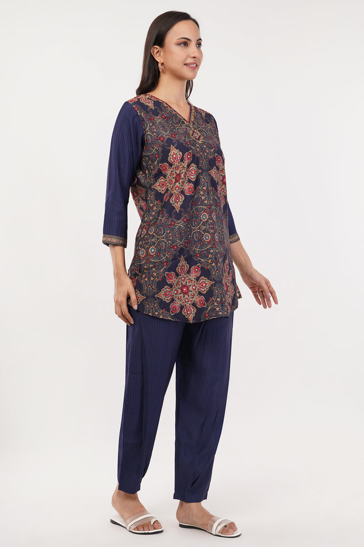 Rayon crepe navy blue and red designer print cord set
