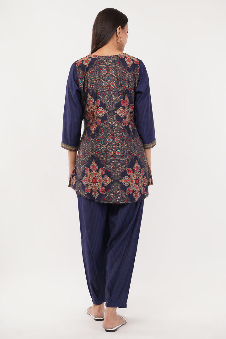 Rayon crepe navy blue and red designer print cord set