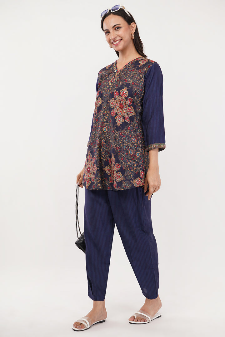 Rayon crepe navy blue and red designer print cord set