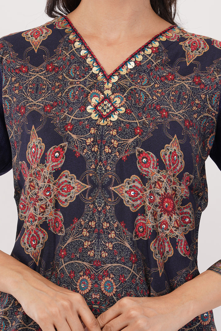 Rayon crepe navy blue and red designer print cord set