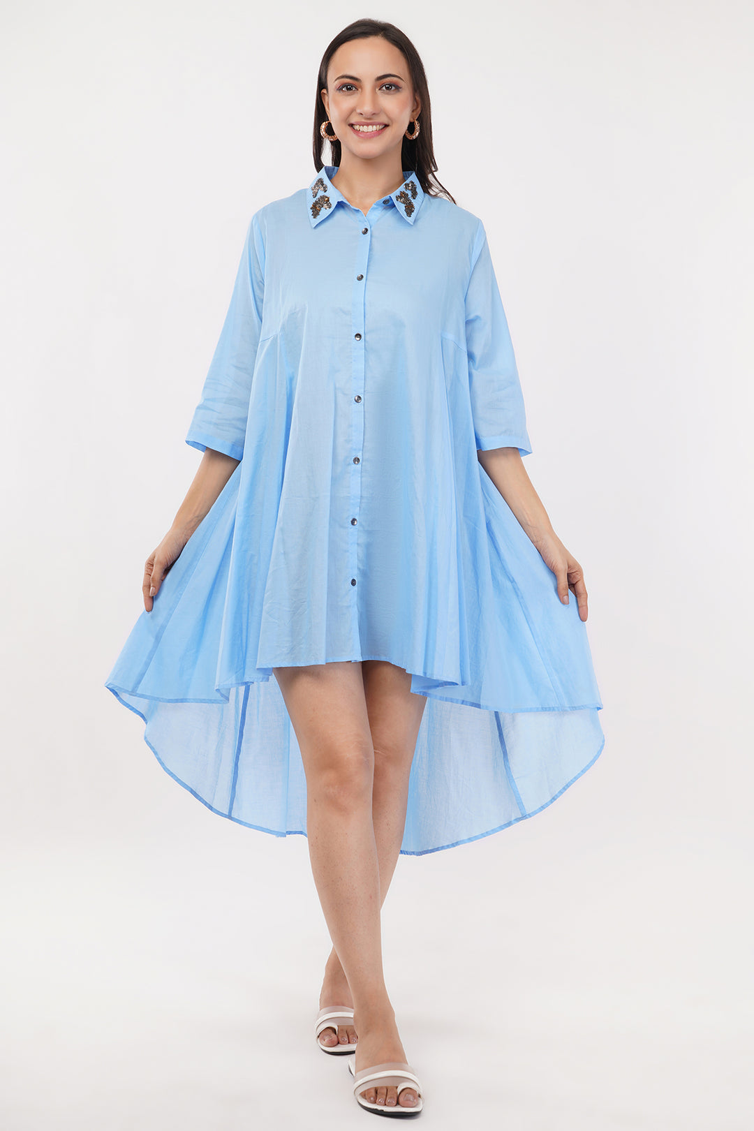 High low pure linen cotton shirt dress with sequence work on the collar and back