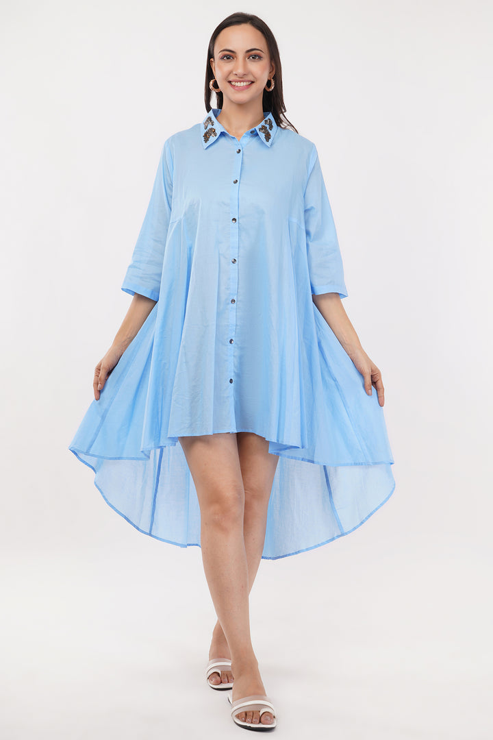 High low pure linen cotton shirt dress with sequence work on the collar and back