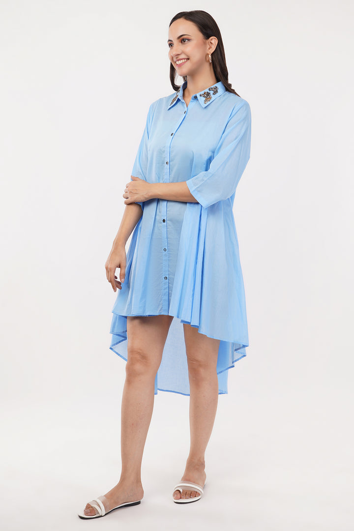 High low pure linen cotton shirt dress with sequence work on the collar and back