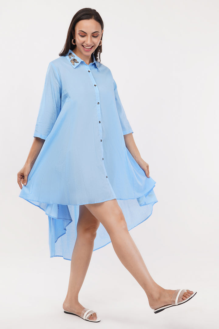 High low pure linen cotton shirt dress with sequence work on the collar and back