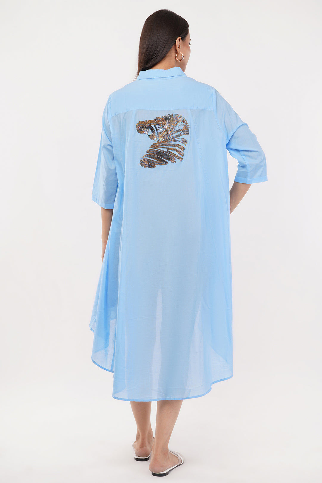 High low pure linen cotton shirt dress with sequence work on the collar and back