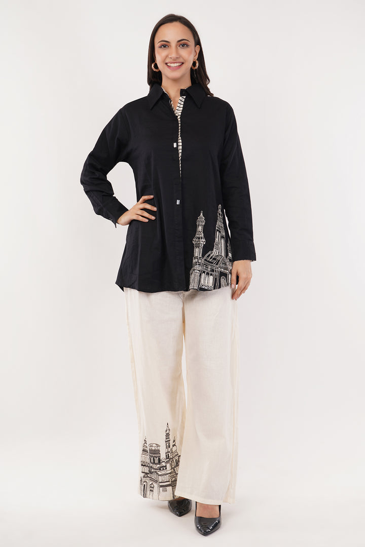 Linen cotton balck and white shirt and pant set with hand embroidery on the pants and shirt