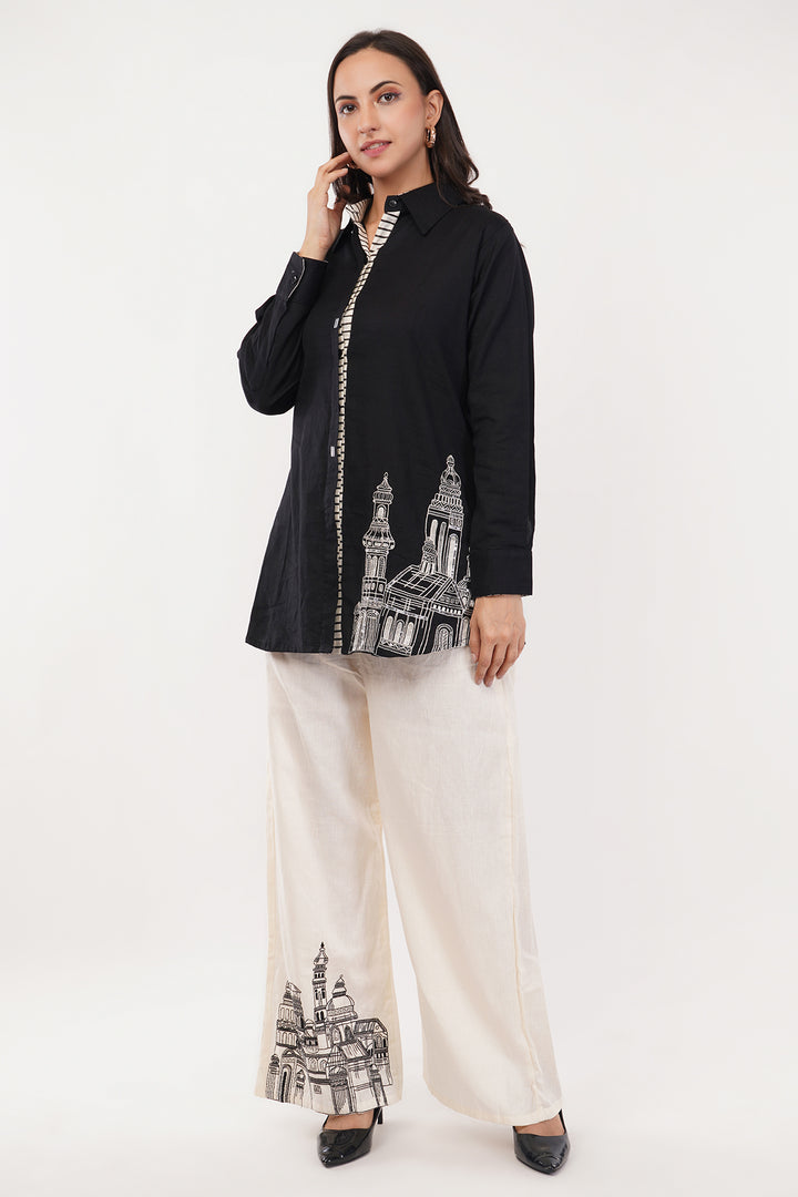 Linen cotton balck and white shirt and pant set with hand embroidery on the pants and shirt