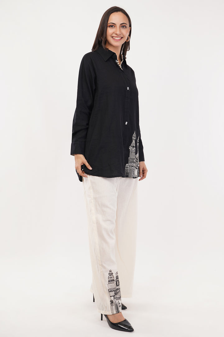 Linen cotton balck and white shirt and pant set with hand embroidery on the pants and shirt
