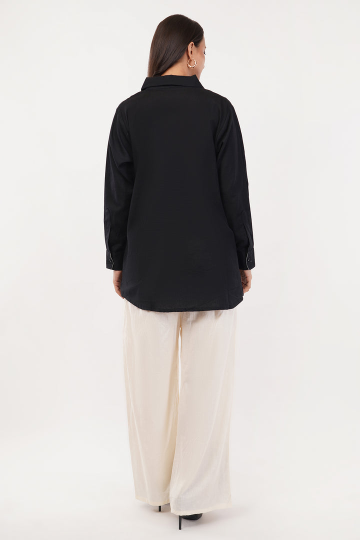 Linen cotton balck and white shirt and pant set with hand embroidery on the pants and shirt