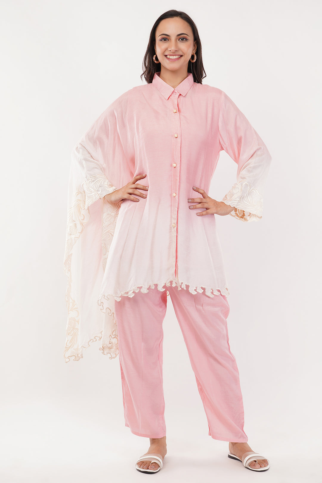 Designer flair sleeve pink ombre pant set with cutwork style
