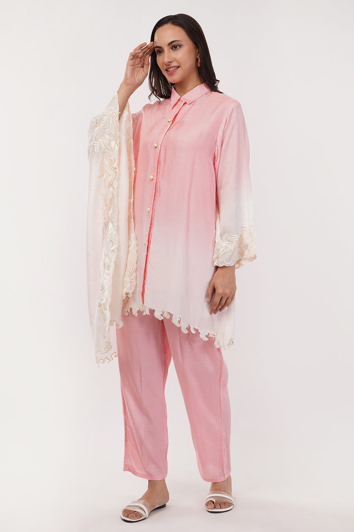 Designer flair sleeve pink ombre pant set with cutwork style