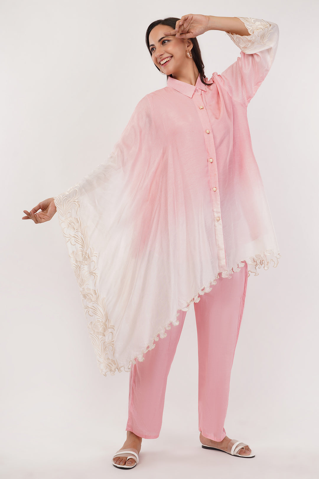 Designer flair sleeve pink ombre pant set with cutwork style