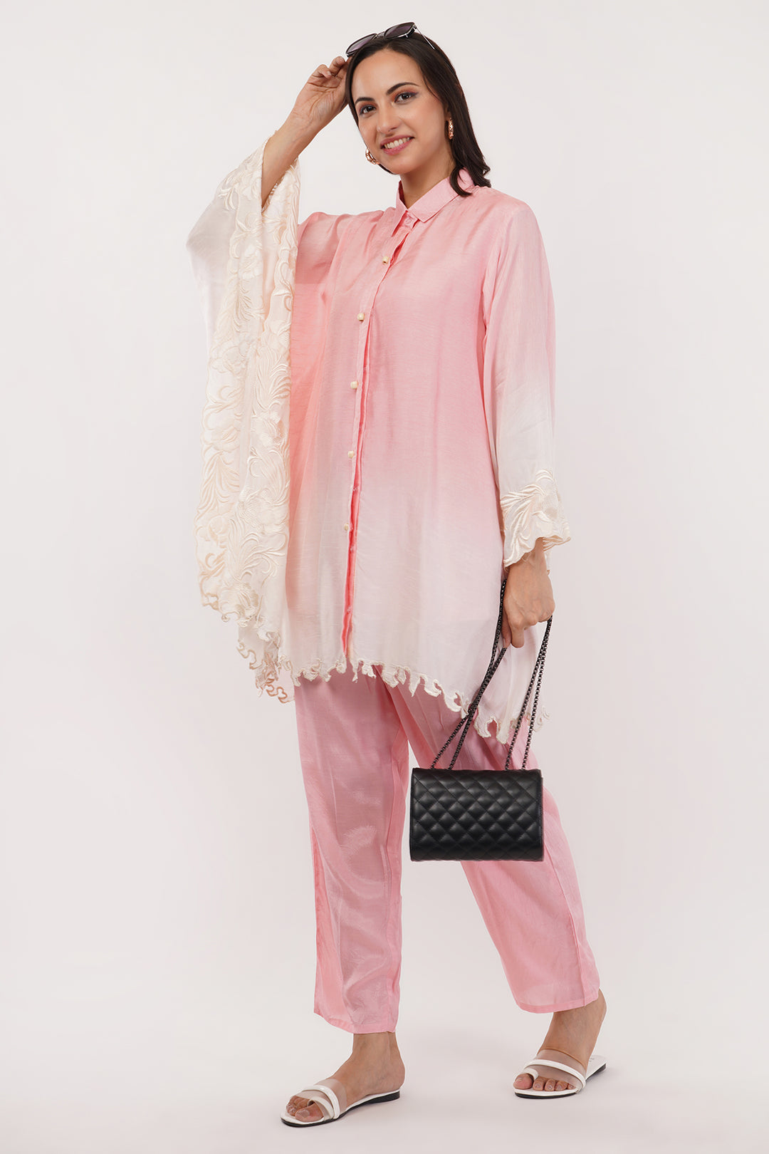 Designer flair sleeve pink ombre pant set with cutwork style