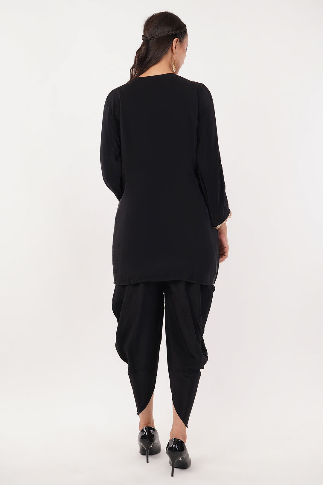 Pure crepe Black and Gold kashmiri work short kurta with tulip pants