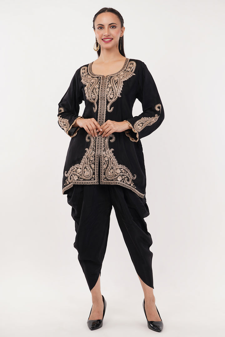 Pure crepe Black and Gold kashmiri work short kurta with tulip pants