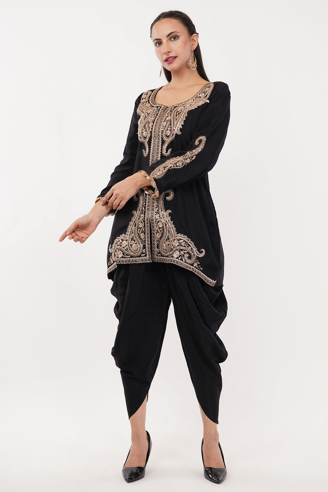 Pure crepe Black and Gold kashmiri work short kurta with tulip pants