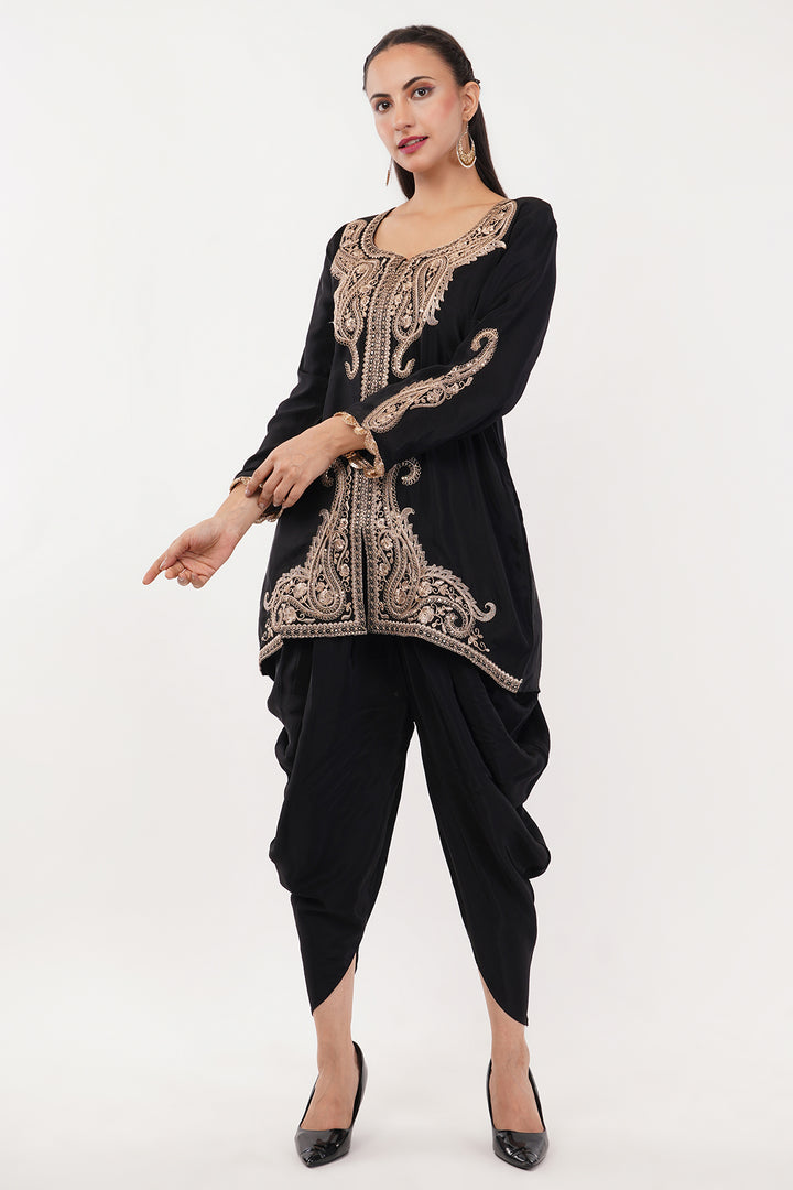 Pure crepe Black and Gold kashmiri work short kurta with tulip pants
