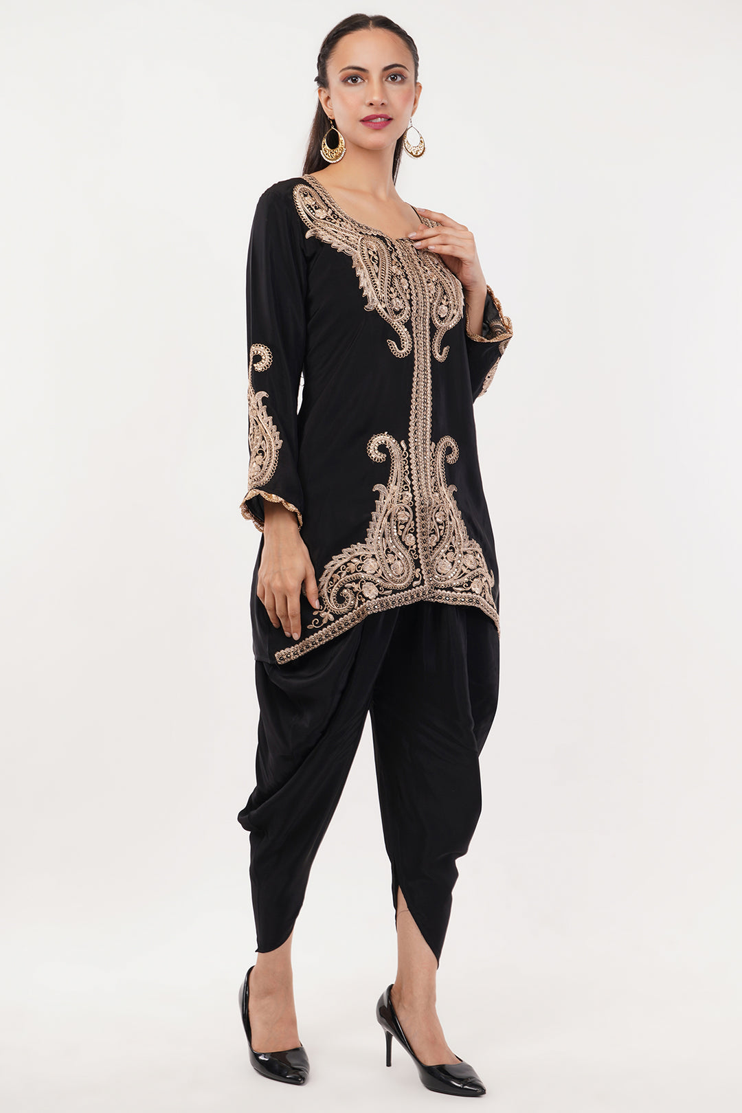 Pure crepe Black and Gold kashmiri work short kurta with tulip pants