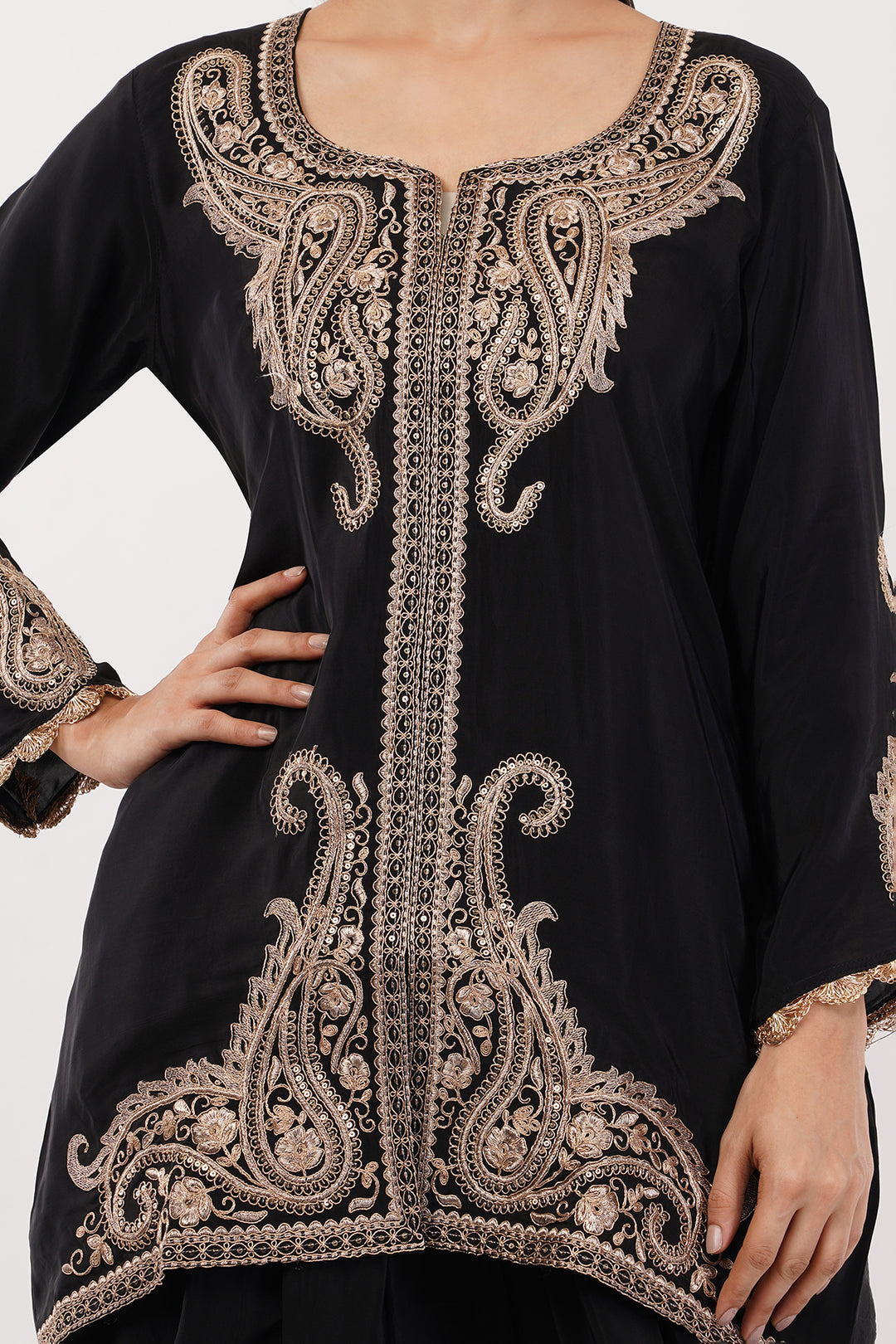 Pure crepe Black and Gold kashmiri work short kurta with tulip pants