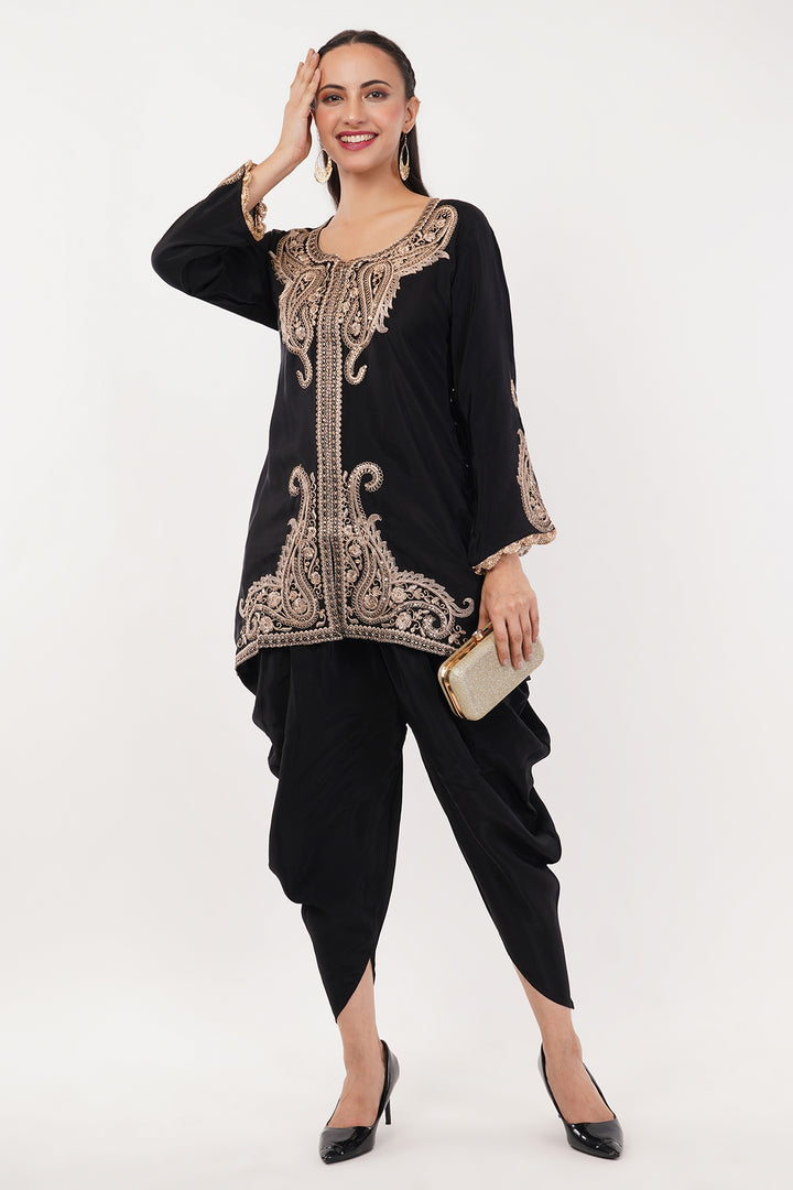 Pure crepe Black and Gold kashmiri work short kurta with tulip pants