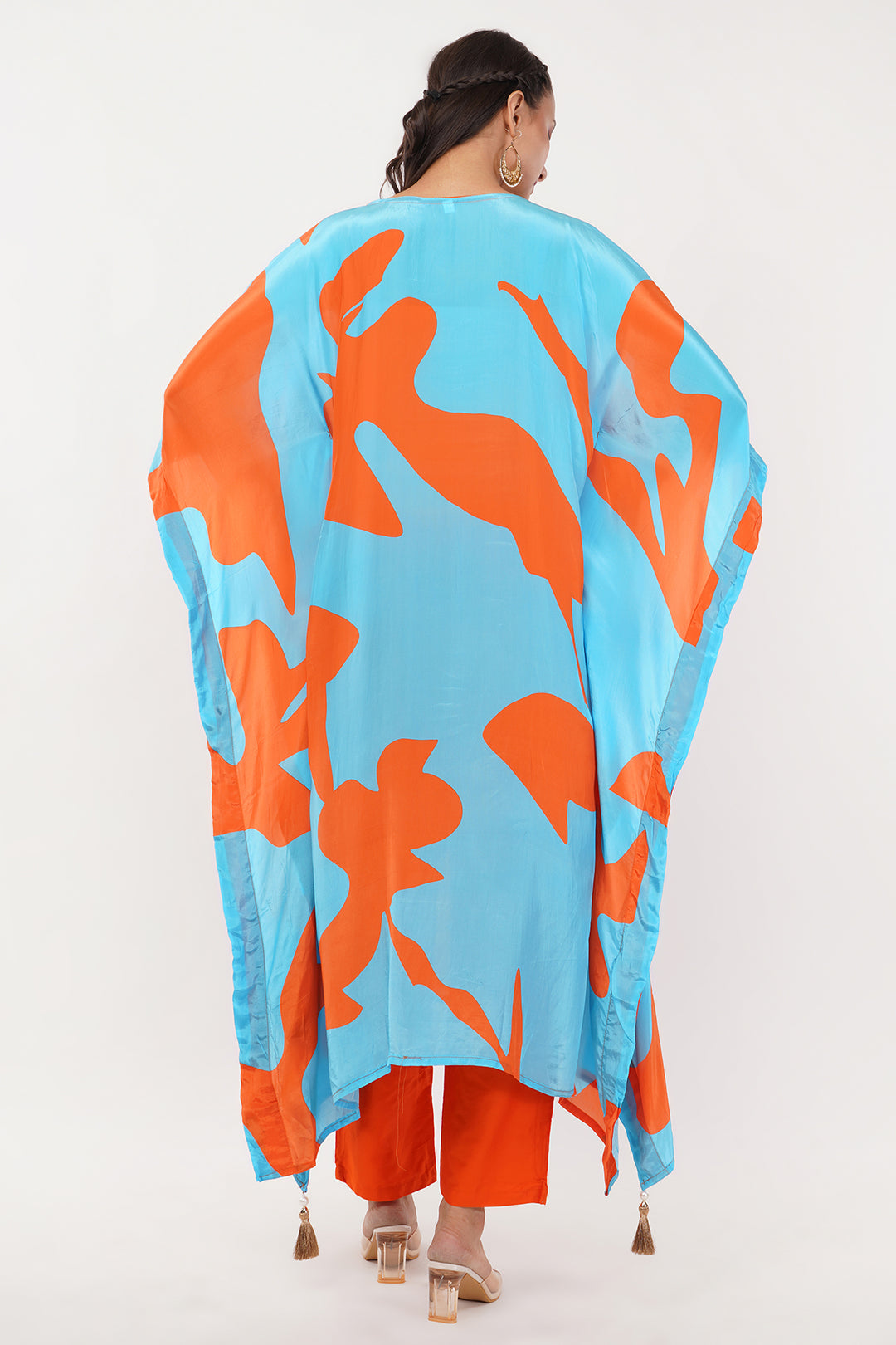 blue and orange crepe long kaftan pant set