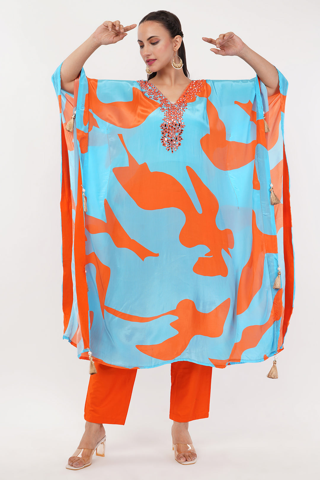 blue and orange crepe long kaftan pant set