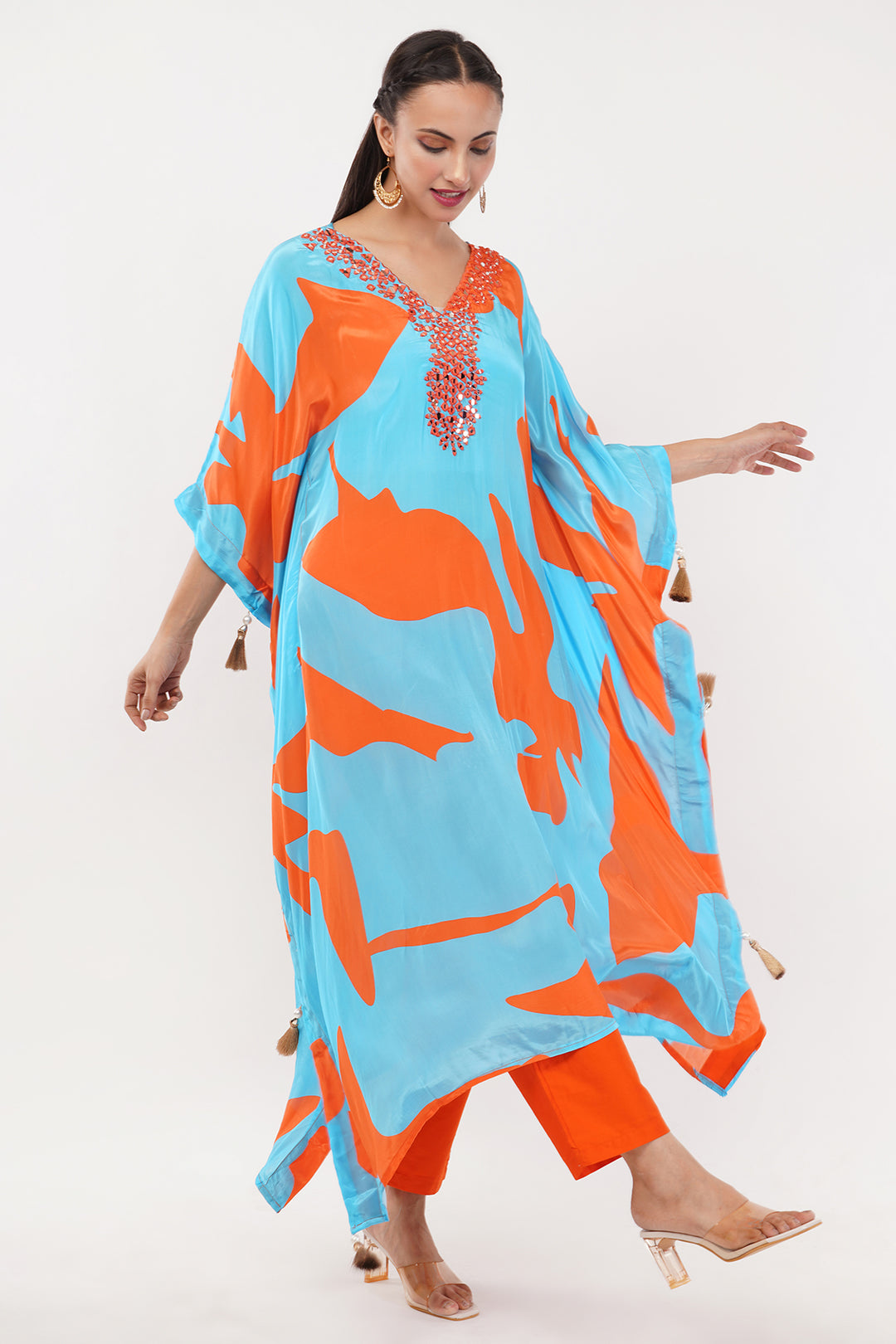 blue and orange crepe long kaftan pant set