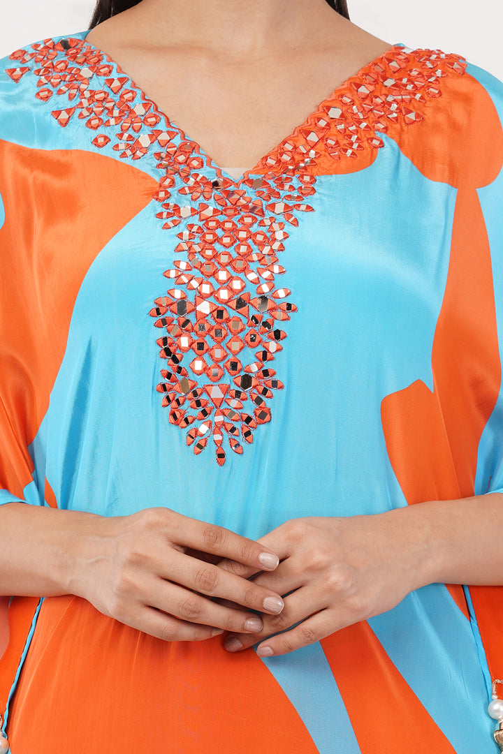 blue and orange crepe long kaftan pant set