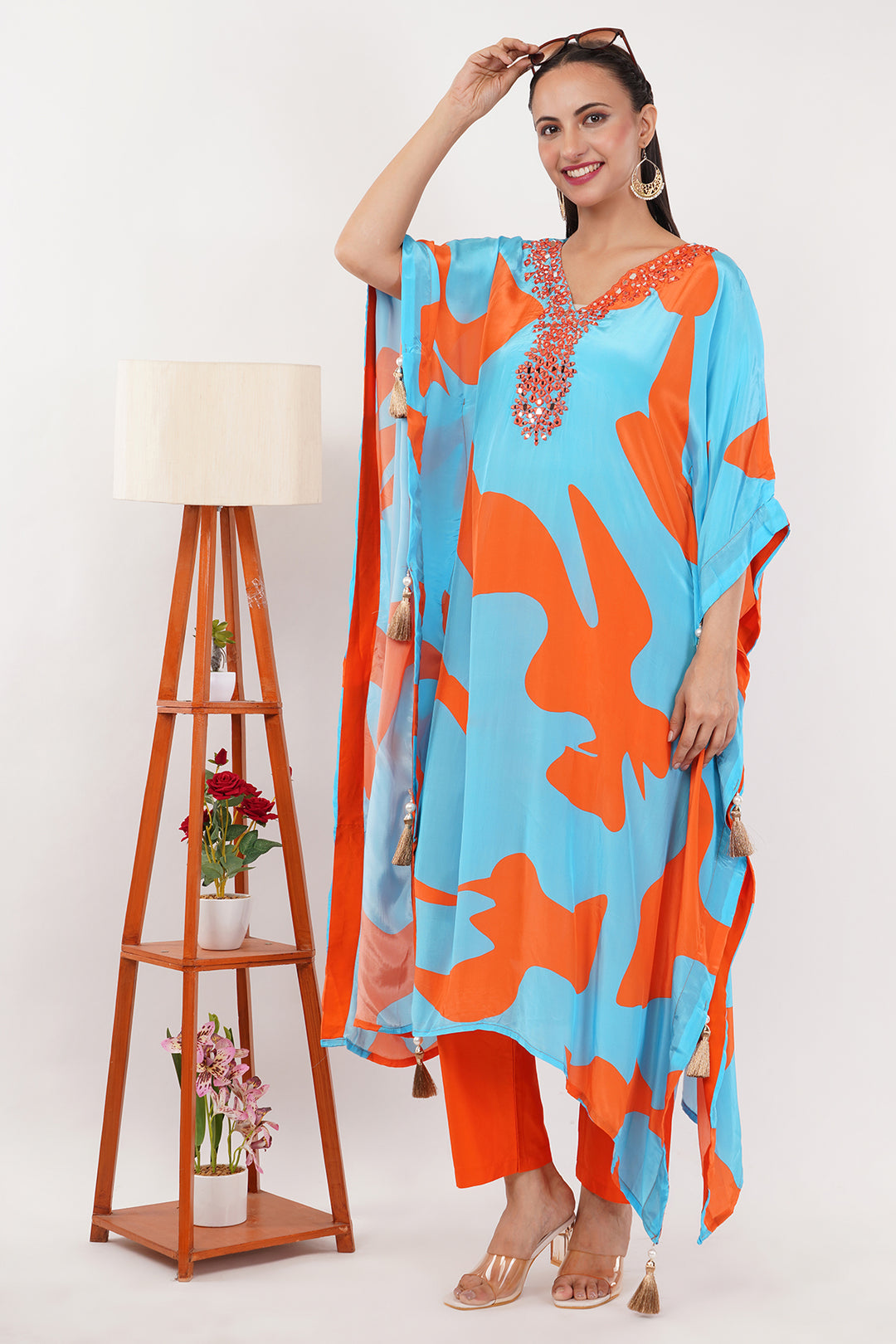 blue and orange crepe long kaftan pant set