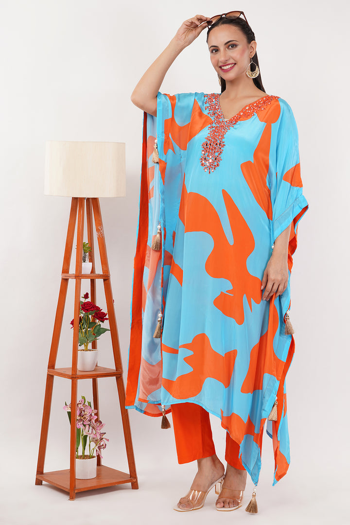 blue and orange crepe long kaftan pant set