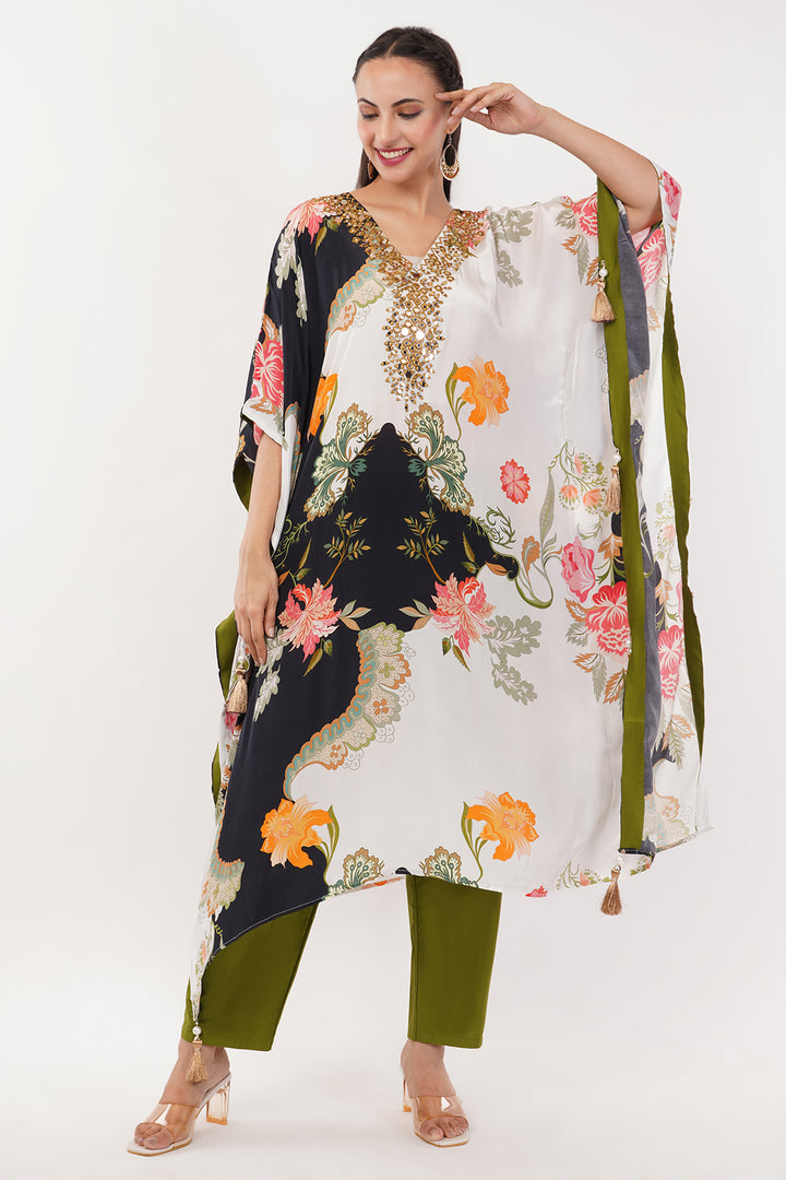 Crepe long kaftan pant with mirror work