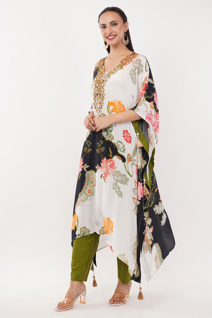 Crepe long kaftan pant with mirror work