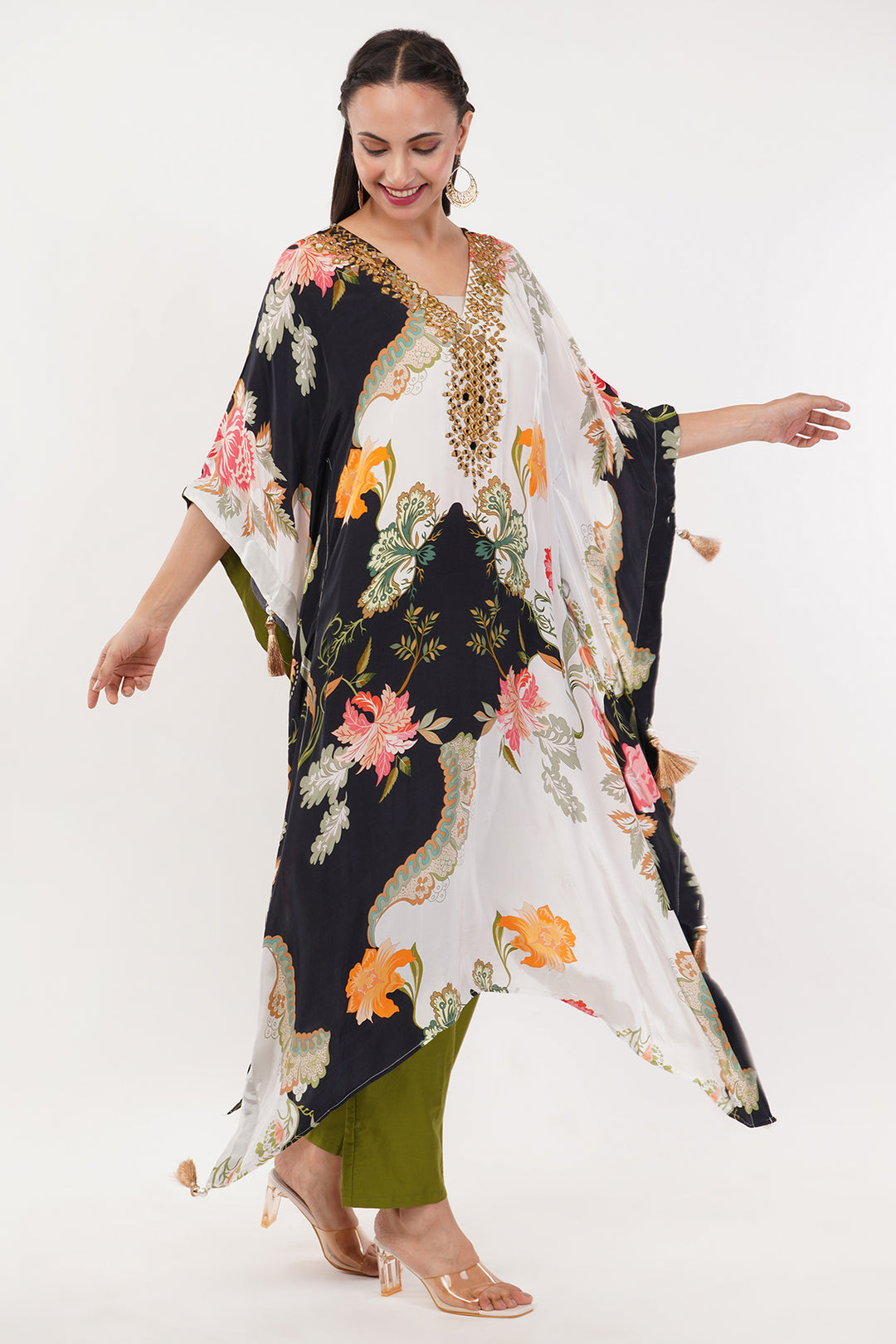 Crepe long kaftan pant with mirror work