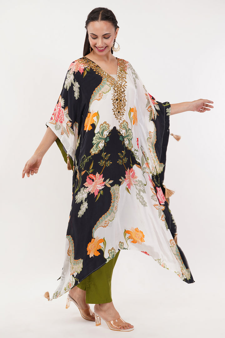 Crepe long kaftan pant with mirror work