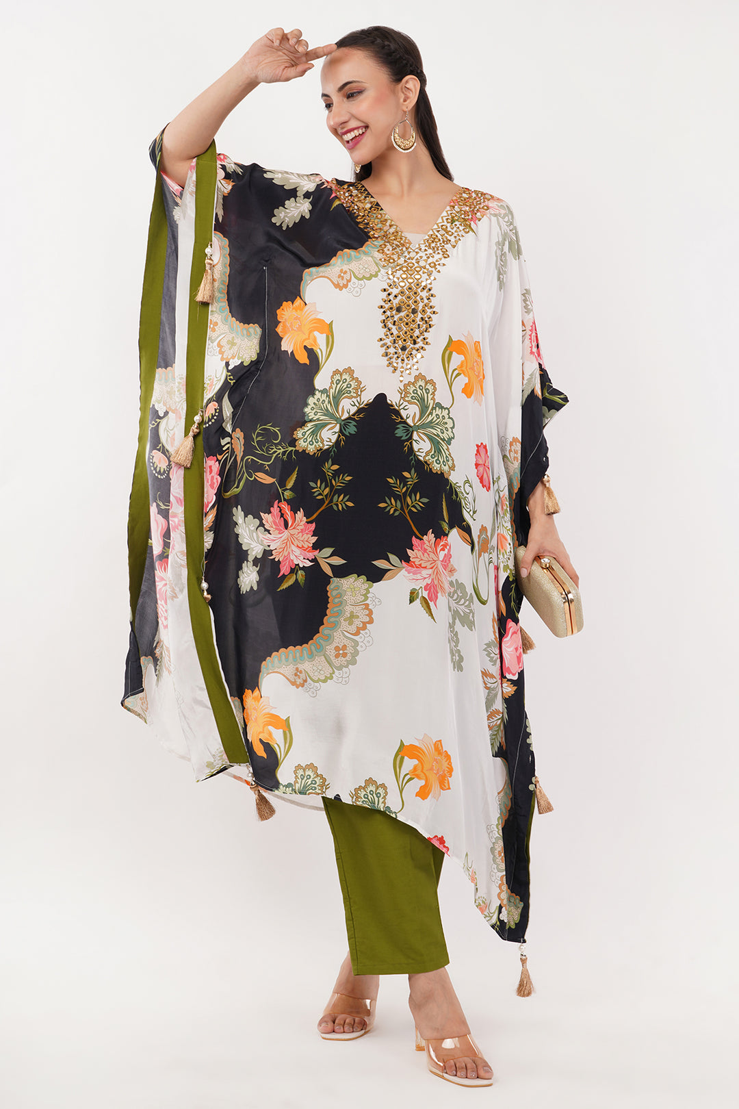 Crepe long kaftan pant with mirror work