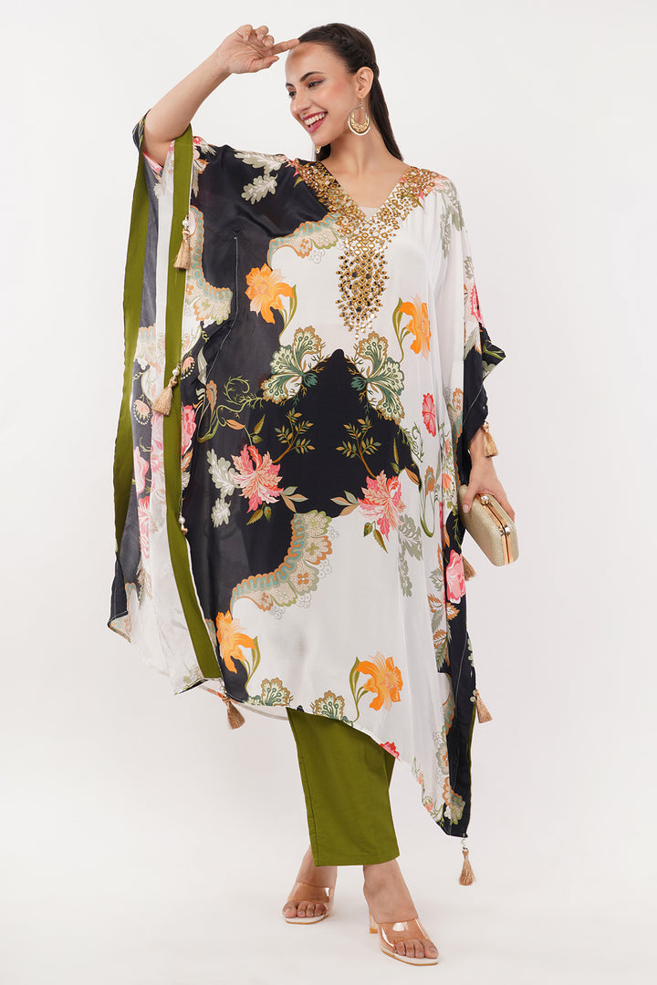 Crepe long kaftan pant with mirror work