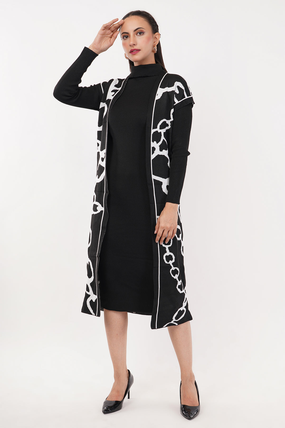 Black and White 2 pcs wollen dress with shrug
