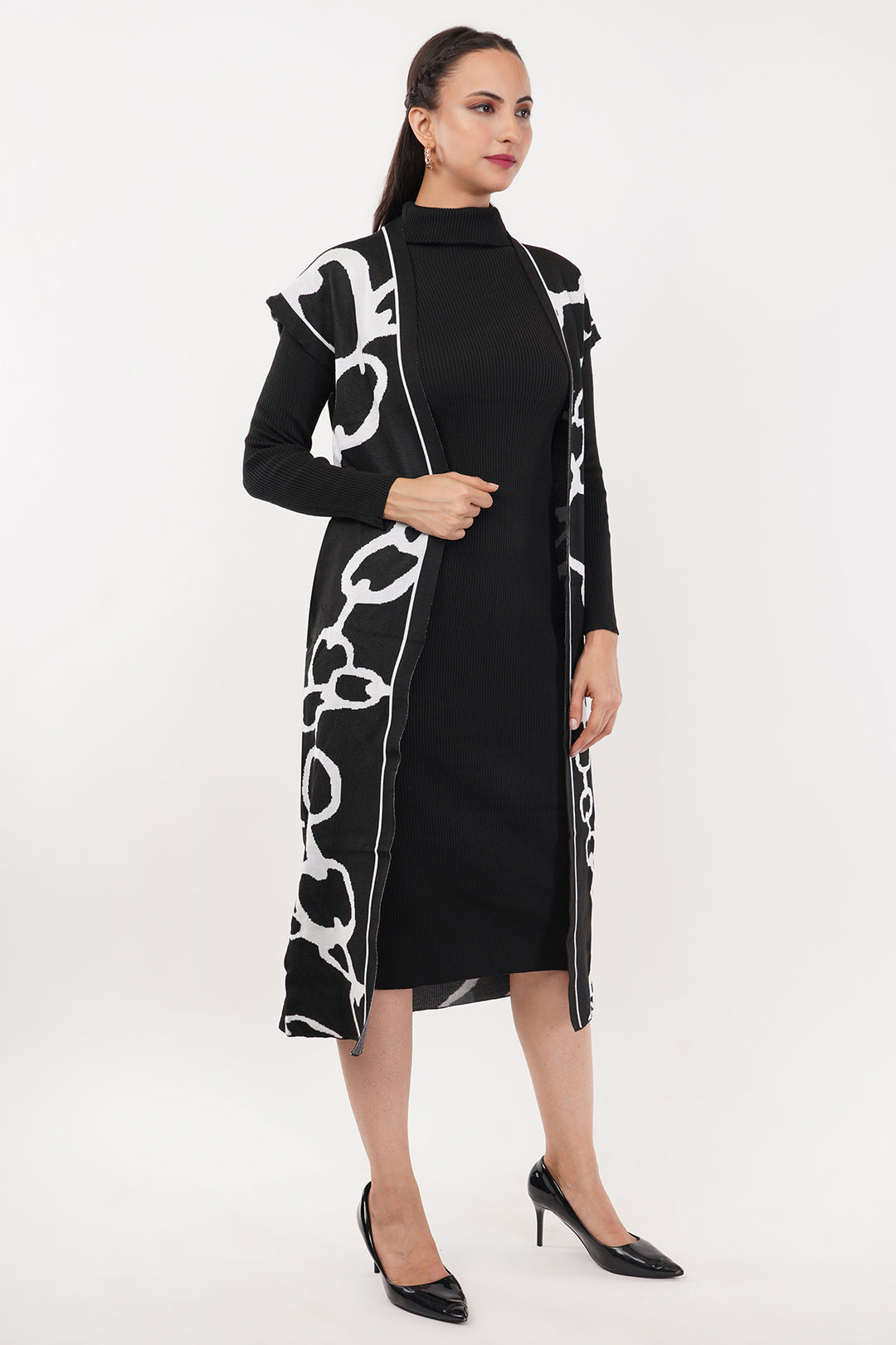 Black and White 2 pcs wollen dress with shrug