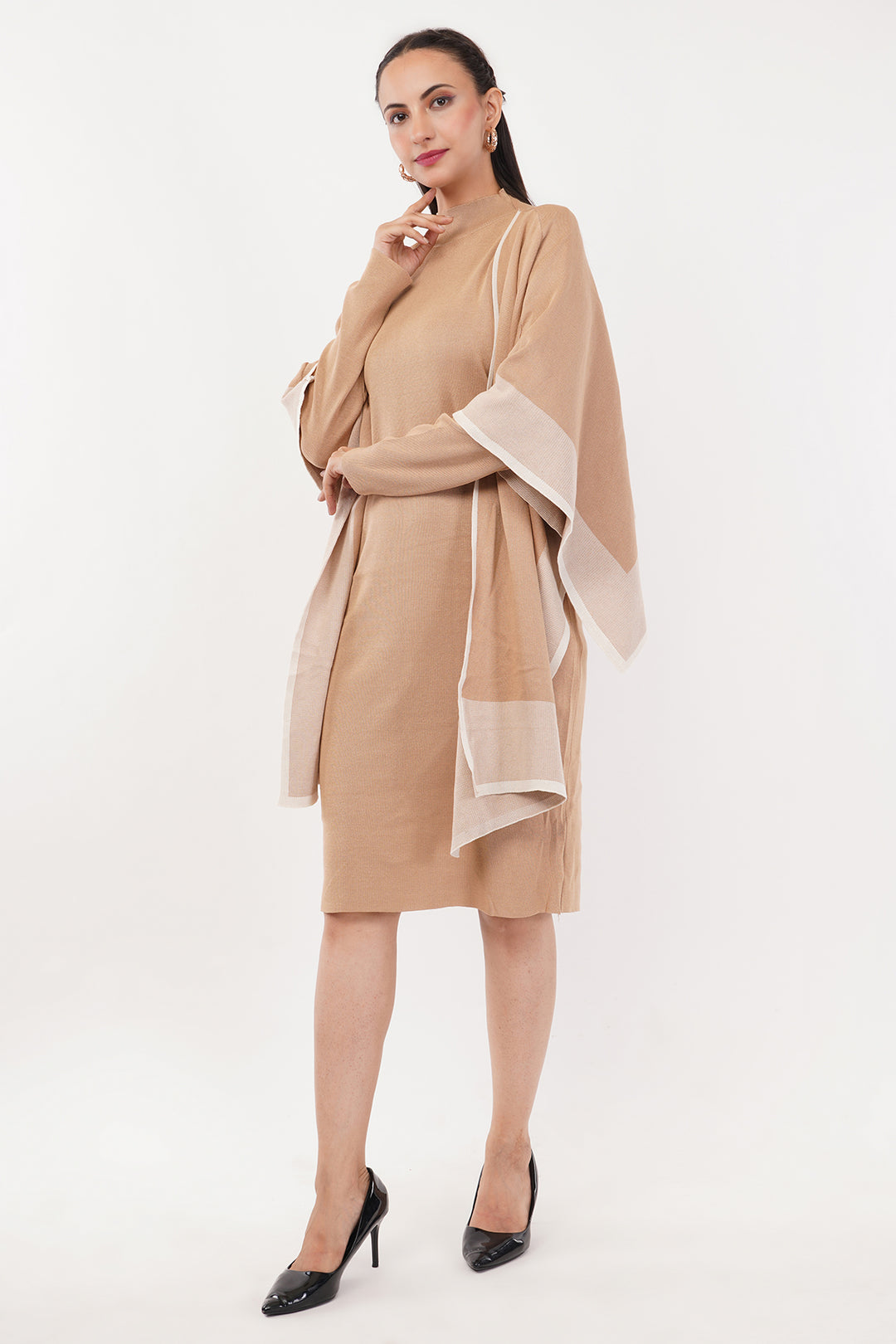 Caramel Wollen Short Dress with Shawl