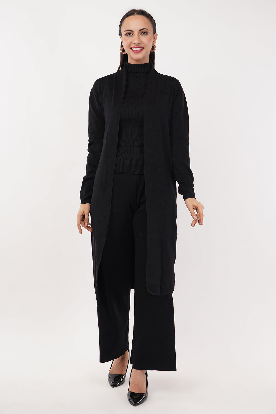 All Black 3 pc Wollen Pant Set with Cape