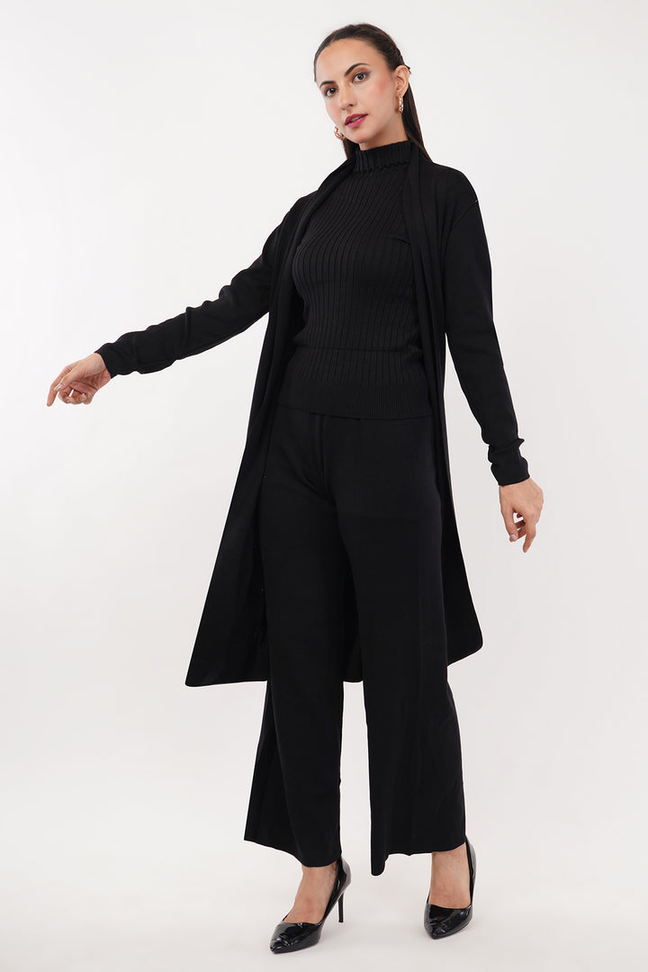 All Black 3 pc Wollen Pant Set with Cape