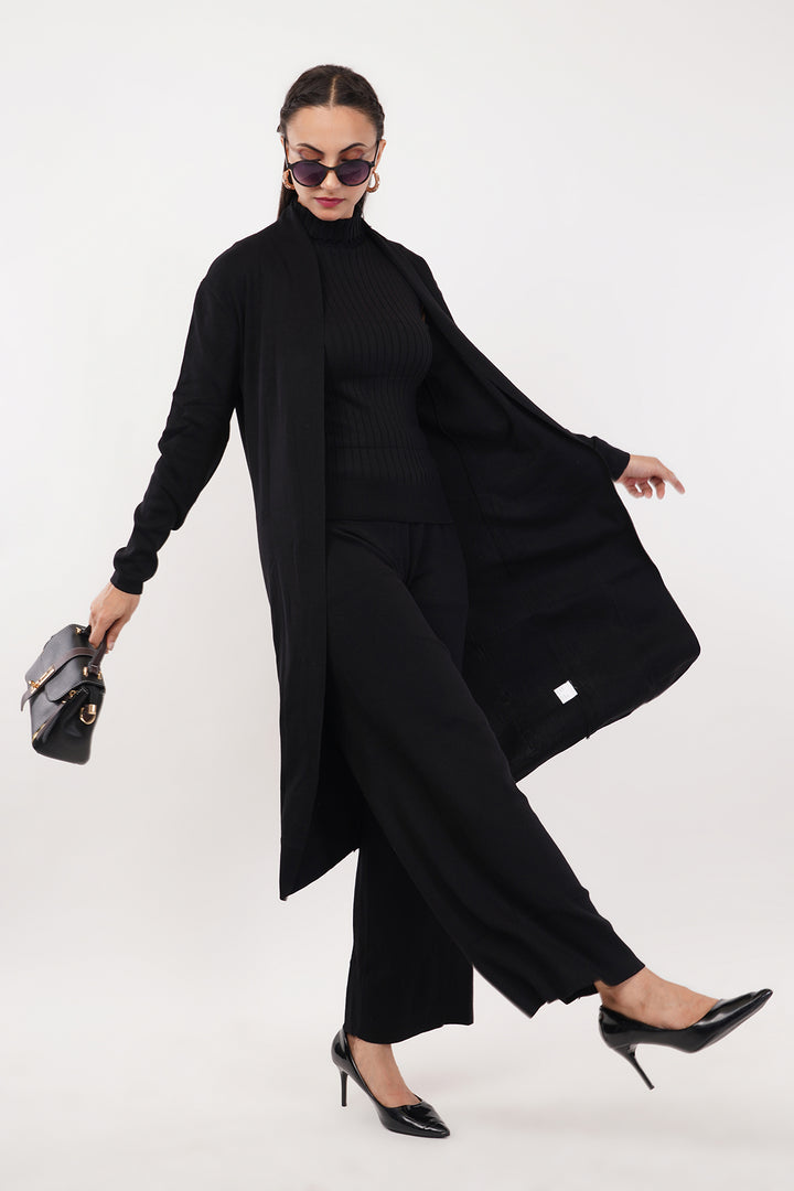 All Black 3 pc Wollen Pant Set with Cape