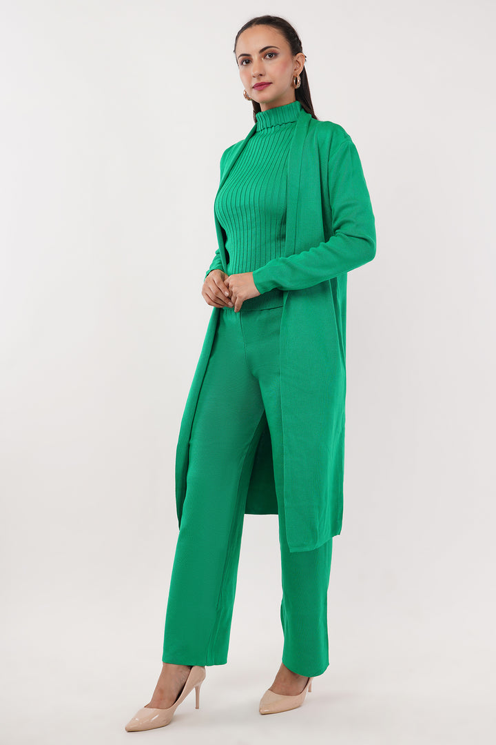 Green 3 pcs wollen cord set with Cape